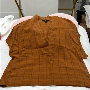 Banana Republic Brown Boxy Blouse with Mandarin Collar and Short Sleeves